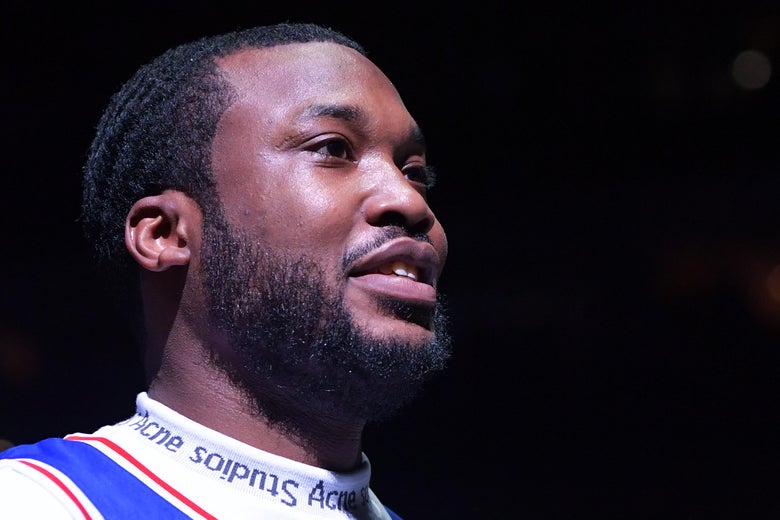 Meek Mill before the game between the Philadelphia 76ers and Miami Heat on April 24, 2018 in Philadelphia, Pennsylvania.